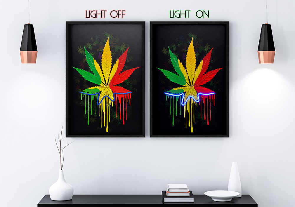 Hemp Leaves - Framed Canvas Art w/ LED
